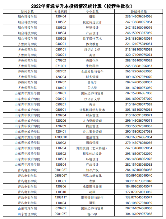 2022年山东普通专升本投档情况统计表（校荐生批次）(图18)